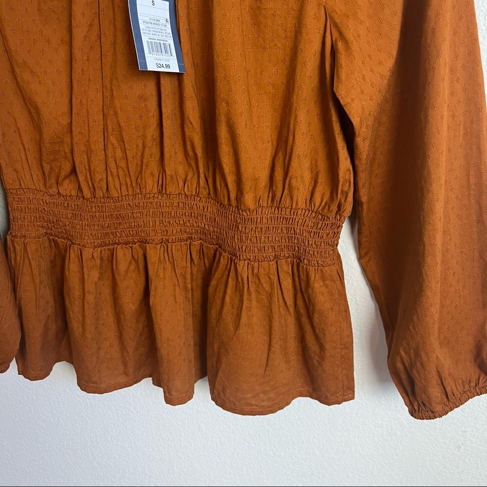 NWT Universal Thread Rust Peplum Linen Bishop 3/4 Sleeve Blouse Top - Picture 9 of 15